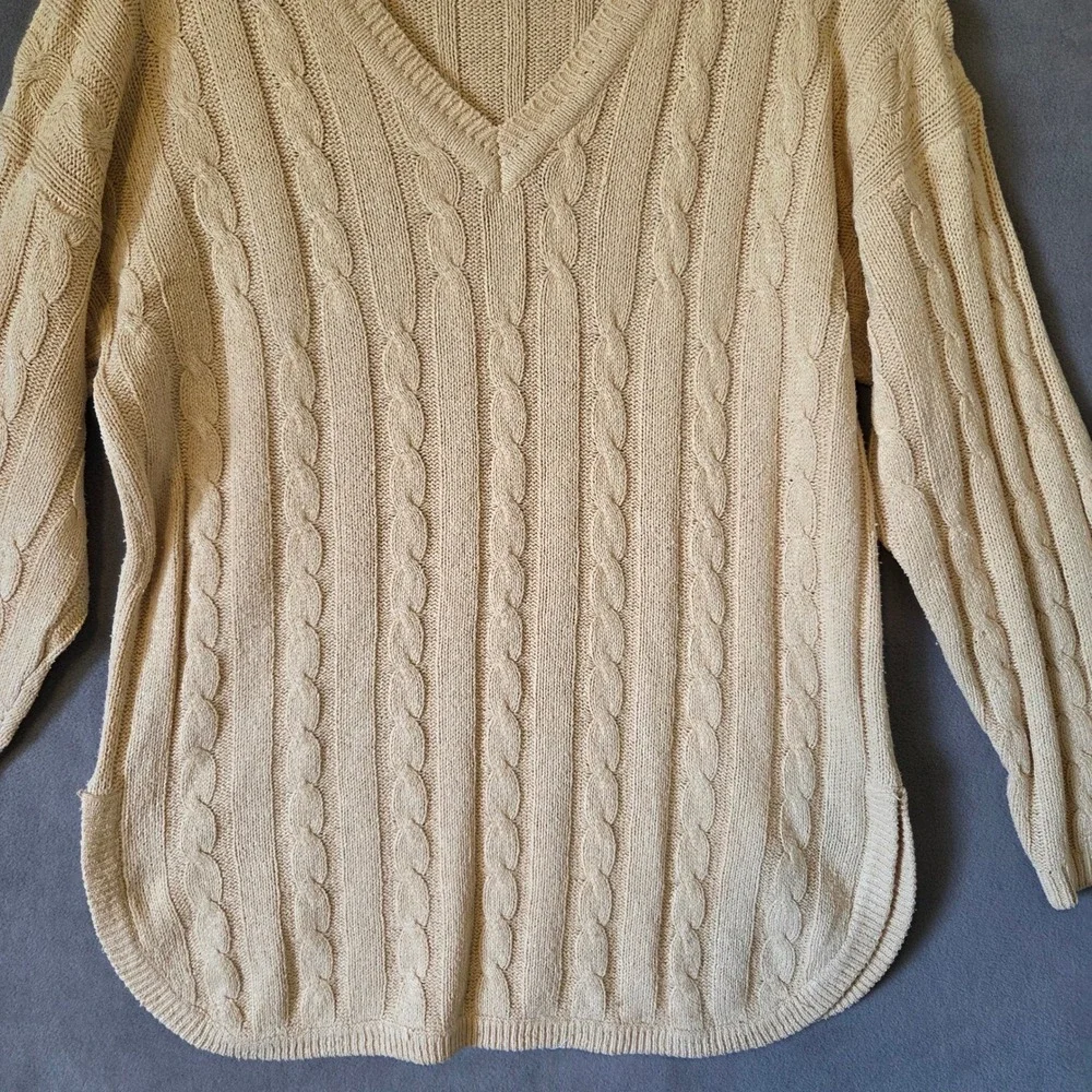Pierre Cardin Silk V-Neck Cable Knit Sweater Women Medium Quiet Luxury Coastal